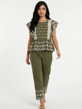 Jennifer & Grace Eyelet Embroidered Peplum Ruffle Scallop Cottage Women's L Top